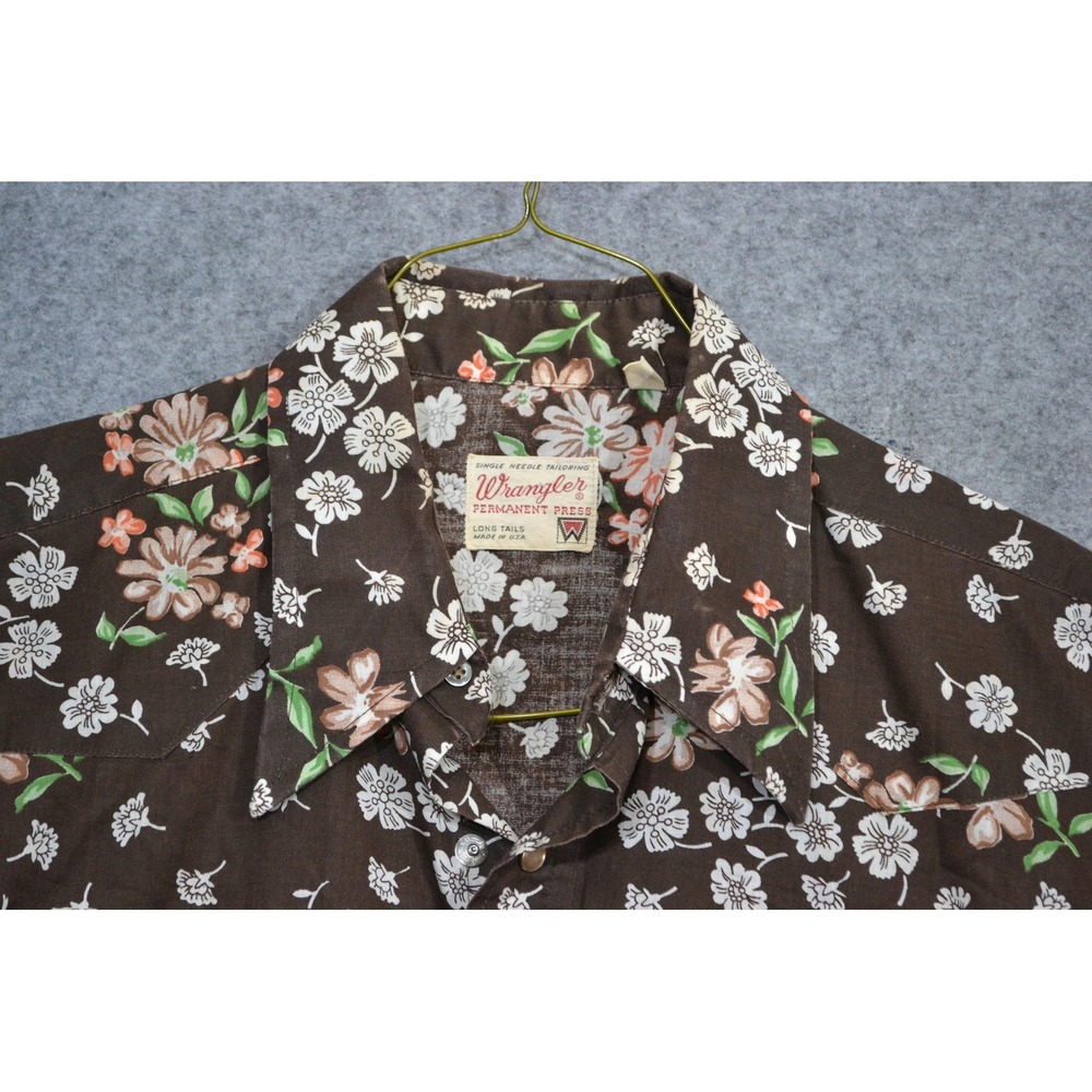 VTG Wrangler Shirt Men 16.5 35 Brown Floral Western Snap Buffalo Graphic 70s USA